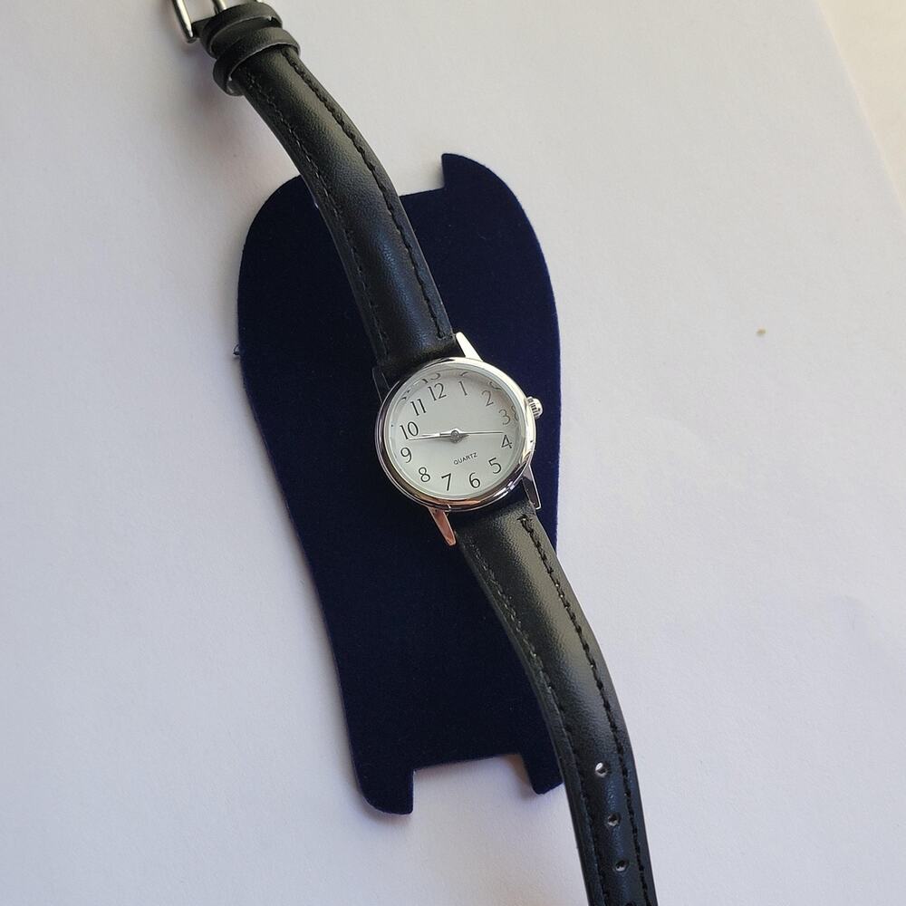 Womens Watch White Dial Silver Tone Black Leather Strap Arabic Numerals Quartz